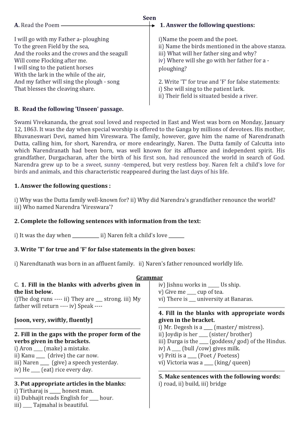Class VI sample question paper TUTUN'S ACADEMY FOR LEARNING ENGLISH (TALE)