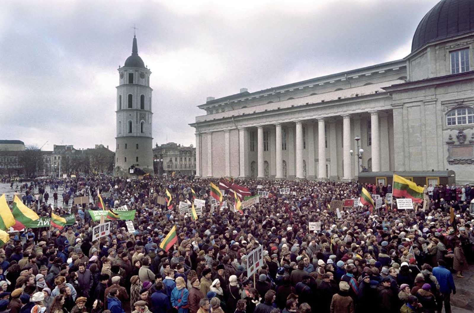 Lithuanians carry Lithuanian flags in the center of Vilnius on January 10, 1990, during demonstration asking for the country's independence. In early 1990, Sajudis-Reform Movement of Lithuania backed candidates won the elections to the Lithuanian Supreme Soviet. On March 11, 1990, the Supreme Soviet proclaimed the re-establishment of Lithuanian independence. The Baltic republics were in forefront of the struggle for independence and Lithuania was the first of the Soviet republics to declare independence.