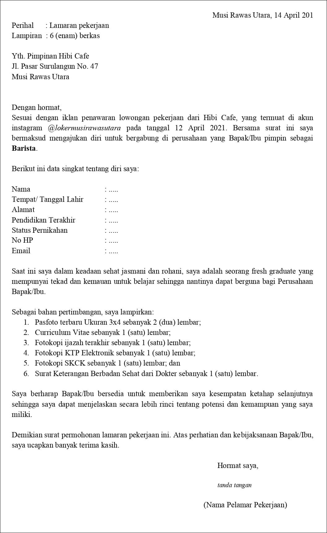 Contoh Surat Lamaran Kerja Untuk Barista (Fresh Graduate) - Tanpakoma