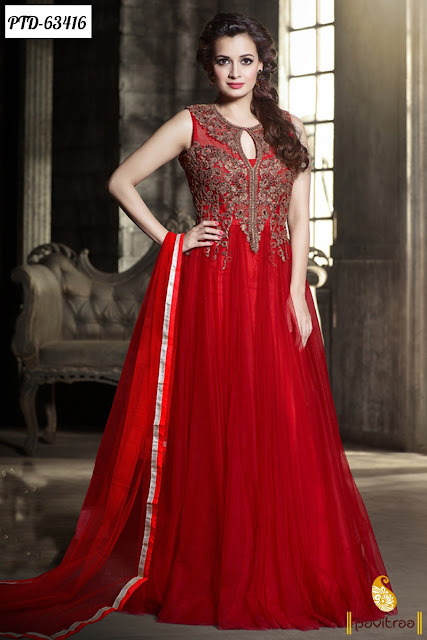 Buy Famous Bollywood Actress Celebrity Dia Mirza Designer Red Color Anarkali Suits Online Shopping Collection with Discount Offer Sale Price