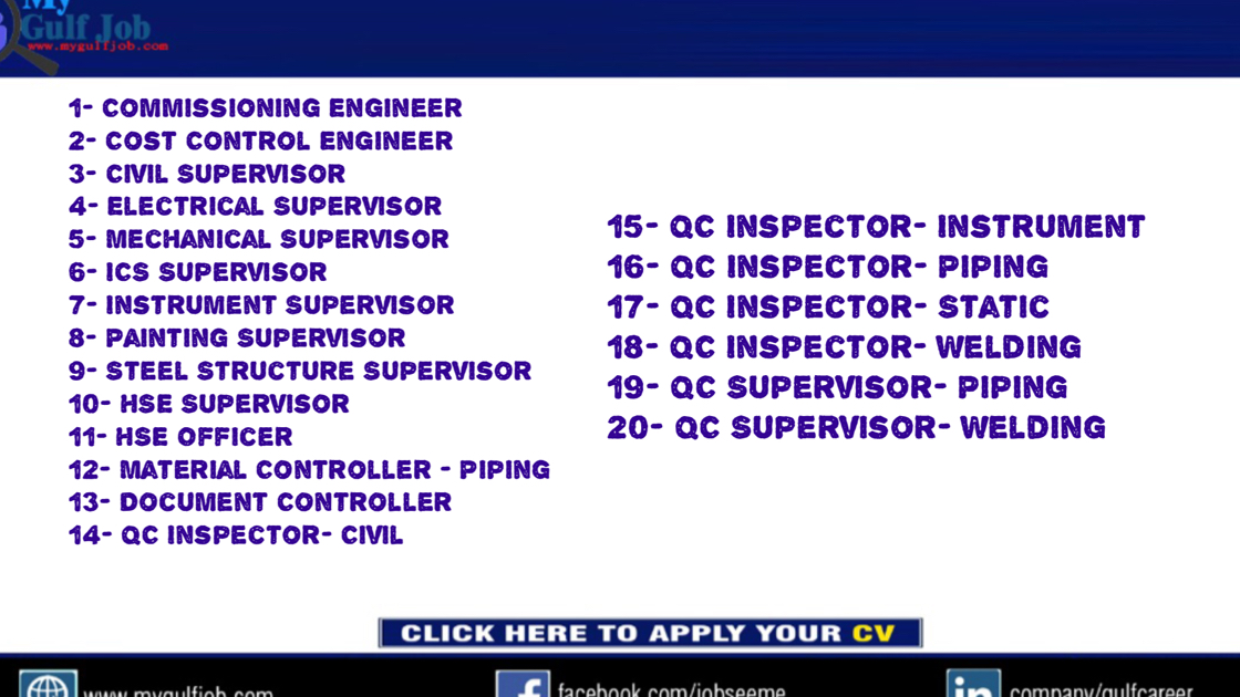 1- Commissioning Engineer 2- Cost Control Engineer 3- Civil Supervisor