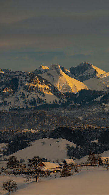 Mountains, Snow, Houses, Winter, Nature