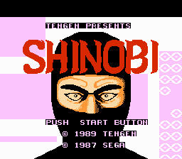 Captura de pantalla de título de Shinobi para la NES, 1989, Tengen (Atari)