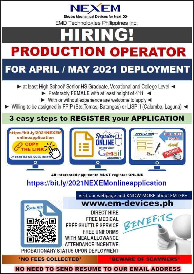 Nexem Emd Technologies Philippines Inc Is Now Hiring Production Operator S Bound To Laguna High School Diploma Pinay Cares