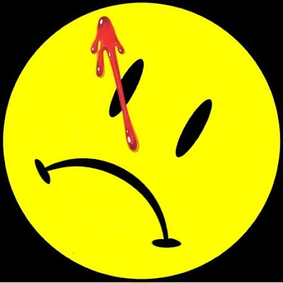 iconic round yellow smiley face, as depicted with red splotch in 'Watchmen', the smile replaced by a frown
