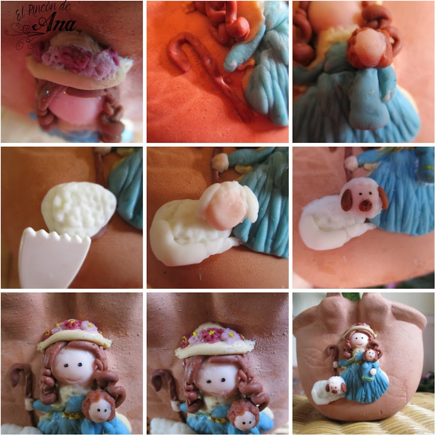 Divina pastora hecha con porcelana fría aplicada sobre una maceta