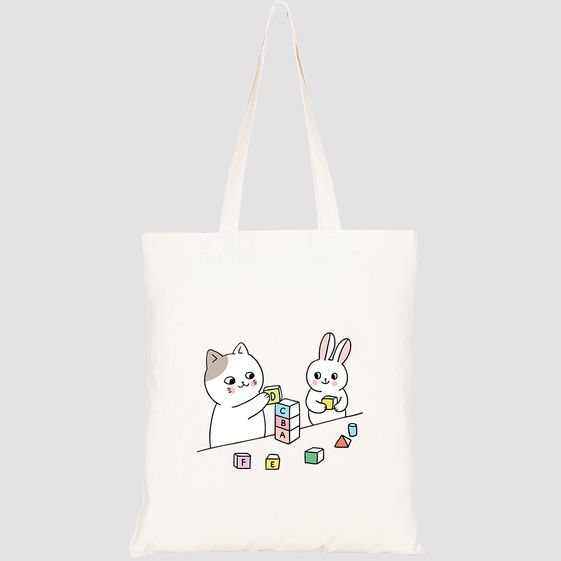 TÚI VẢI TOTE CANVAS IN HÌNH CARTOON CUTE CAT RABBIT PLAYING HT173 – HTFASHION