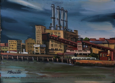 Plein air oil painting of Pyrmont Power Station and Pyrmont Wharves by industrial heritage artist Jane Bennett