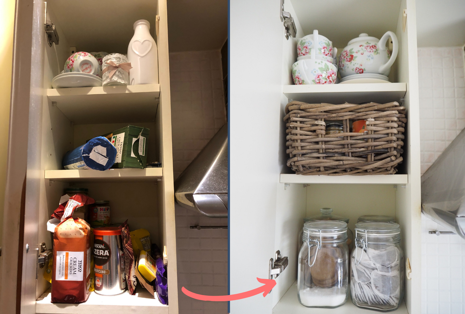 How to declutter your kitchen cupboards and create a tidy, clean and clutter-free pantry-style kitchen. Storage solutions for small homes and how to store all your food and utensils neatly