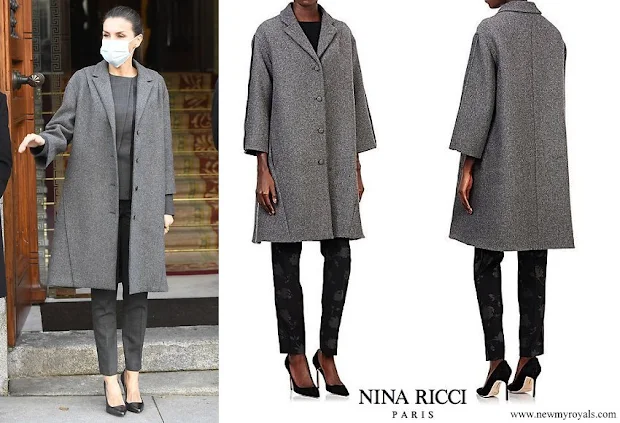 Queen Letizia wore Nina Ricci grey tweed swing coat