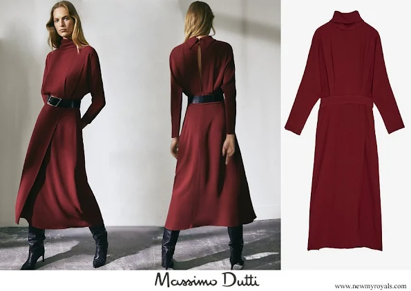 Queen Maxima wore Massimo Dutti flared dark pink high neck open back dress