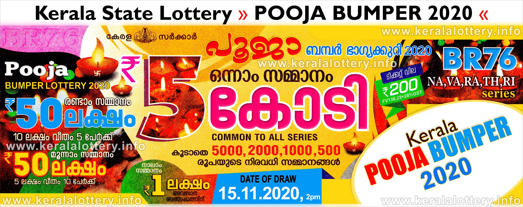 Kerala Lottery Results Today 15.11.2020 Pooja Bumper BR76 Result