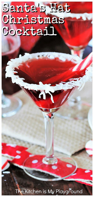 Santa's Hat Christmas Cocktail ~ With it's fun coconut rim, bright red color, & peppermint garnish, this cocktail will certainly bring on the holiday cheer! #cocktails #Christmascocktails #Santa #Santacocktail #Christmas #holidaycheer  www.thekitchenismyplayground.com
