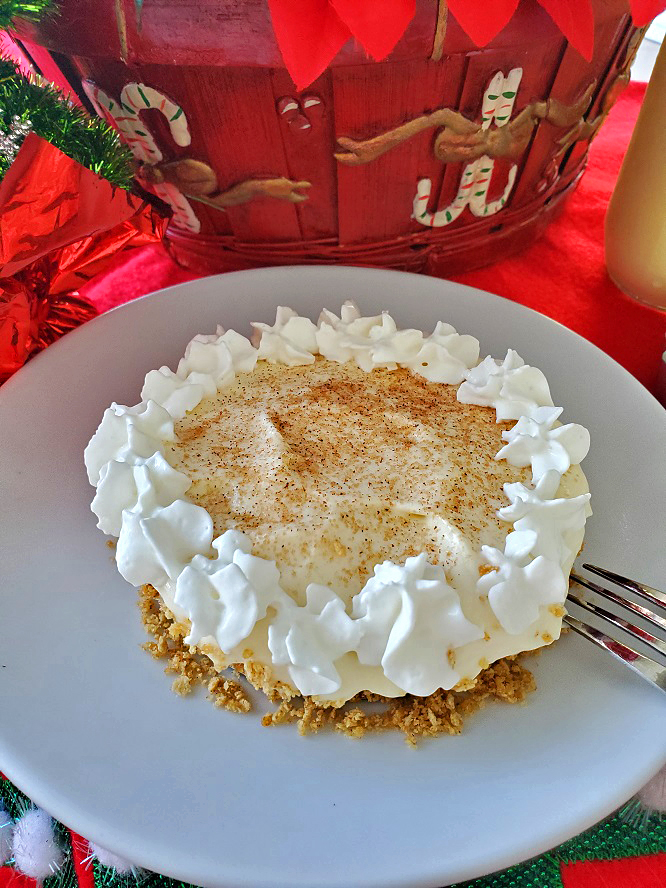 this is a round pie of pie made in a removal pie tin called eggnog pie