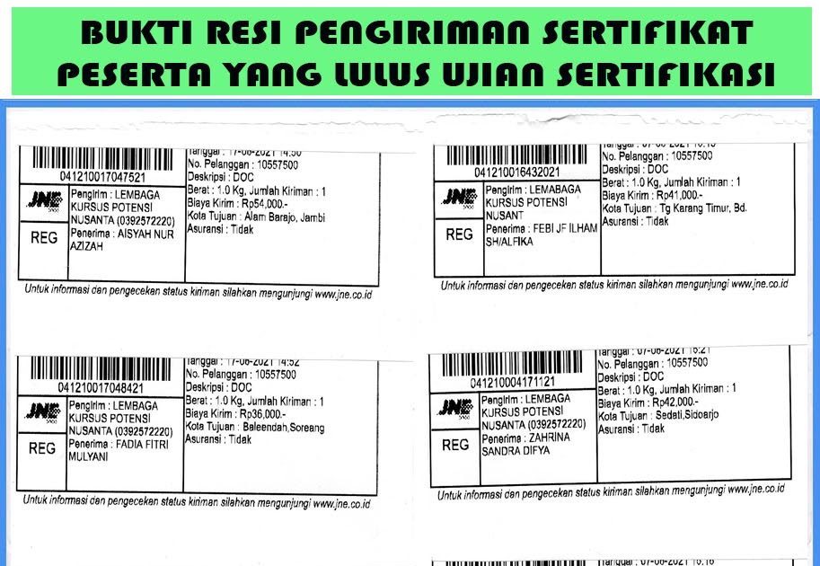 Bukti Resi Pengiriman Sertifikat Peserta yang Lulus Ujian