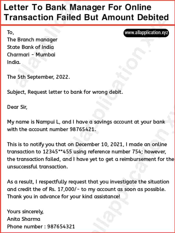 Letter To Bank Manager For Online Transaction Failed But Amount Debited.