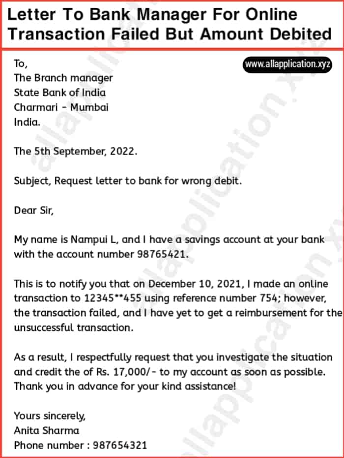 Letter To Bank Manager For Online Transaction Failed But Amount Debited