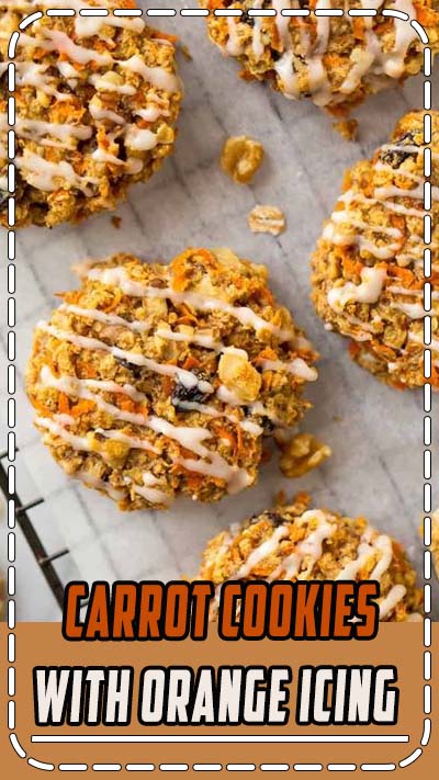 Healthy Carrot Cookies with Orange Icing. These soft and chewy cookies are FLOURLESS, vegan, gluten free, and naturally sweetened! Super easy recipe with oatmeal, cinnamon, and any of your other favorite carrot cake mix-ins. Simple, kid friendly and good enough to eat for breakfast! #carrotcookies #healthy #vegan #glutenfree