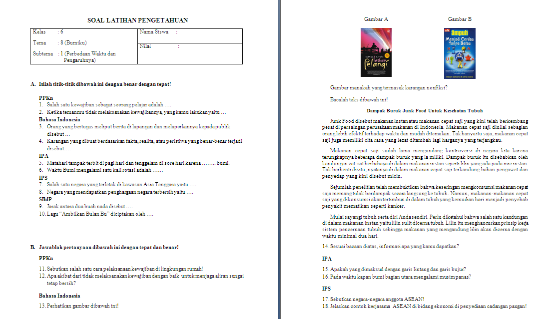 Soal Ulangan Harian Kelas 6 Tema 8