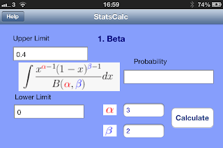 iOS App SciStatCalc screenshot Beta distribution - upper and lower limits, CDF, inverse CDF/ quantile evaluation 