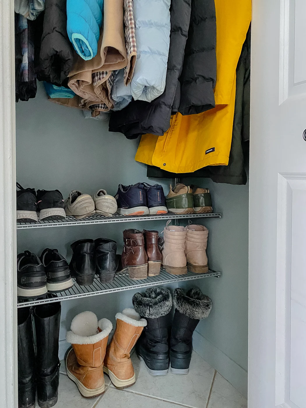 entryway closet organization, small front closet, small closet organization ideas