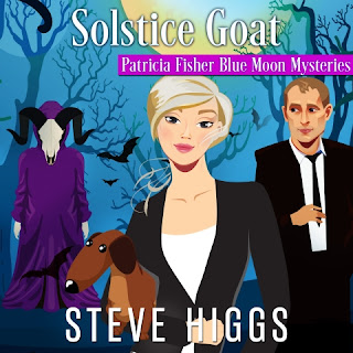 Audiobook cover. Blonde woman in a dark suit stands in the woods with her dachshund. She is flanked by a man in a dark suit and a goat headed figure in a purple robe. Solstice Goat. Patricia Fisher Blue Moon Mysteries. Steve Higgs. Narrated by Maryanne M. Wells.