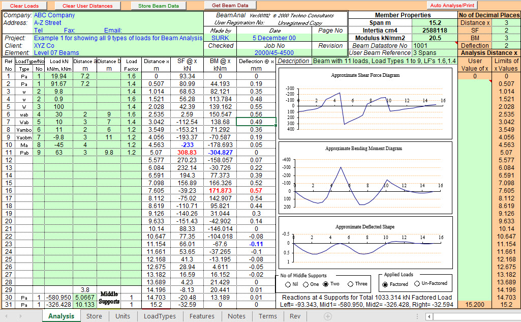 Beam Analysis Spreadsheet