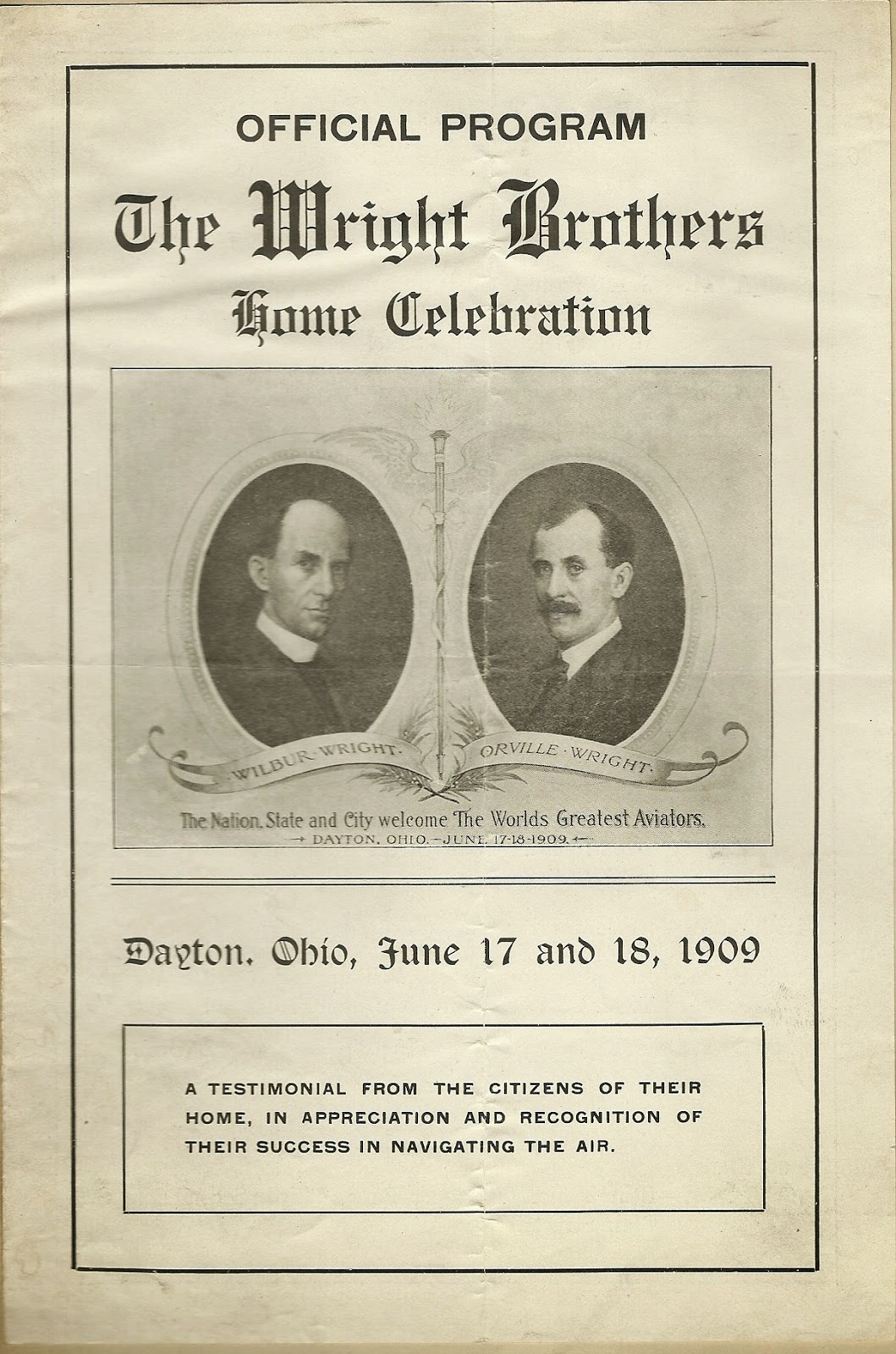 Official Program The Wright Brothers Home Celebration June 1909 O. B. Kneisly's copy, served with Lorin Wright