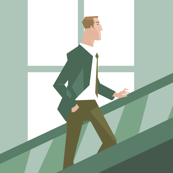 Un hombre de negocios subiendo unas escaleras mecánicas en una gran empresa o en la bolsa