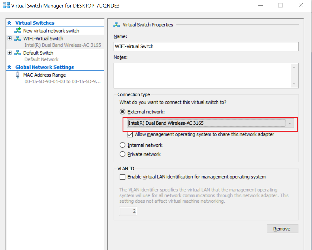 How to share the Wireless Network Connection with HyperV in Windows 10?