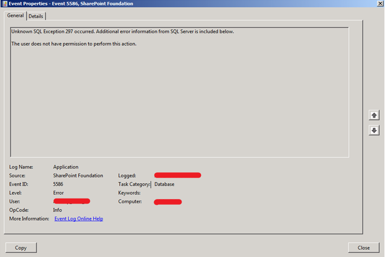 event id 5586 an unhandled sql server exception occurred