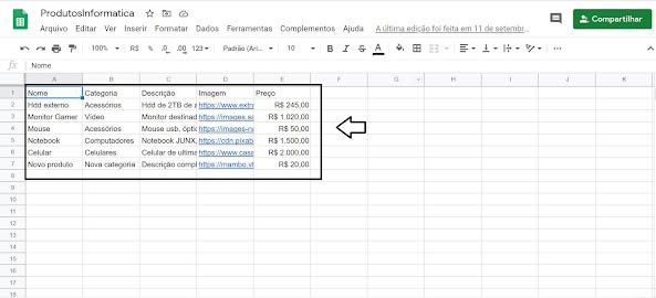 Exemplo de planilha criada no Google Sheets para nossa aplicação