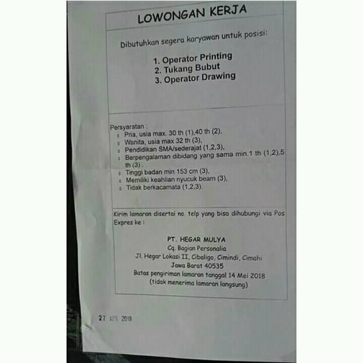Loker Pt Hegar Mulya Cimahi Lowongan Kerja Terbaru Indonesia 2021