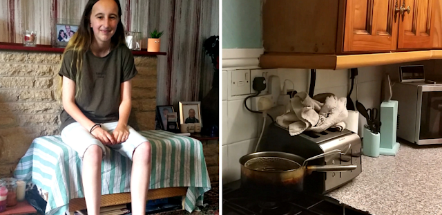 My teen wearing shorts and my newly painted kitchen.