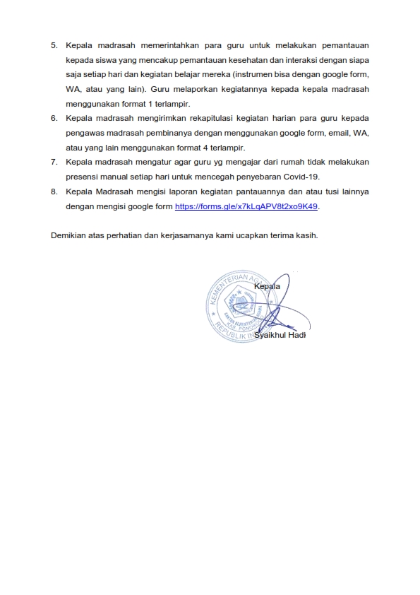 LAPORAN KEPALA MADRASAH DAN PENGAWAS MADRASAH SELAMA WFH 2020  Pendma