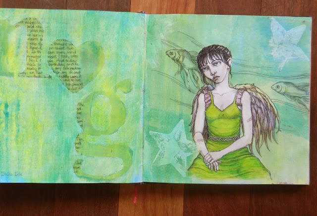 ink and watercolour drawing of an angel with fish behind her