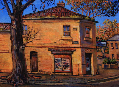 Plein air acrylic painting of the old milkbar/bakery corner of Harris and John Street Pyrmont by industrial heritage artist Jane Bennett