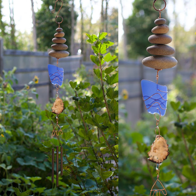 Beach stones, blue glass, oyster shell, copper, brass wind chime by Coast Chimes