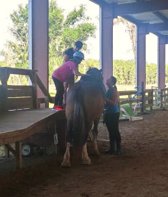 The rider, wearing a pink shirt and blue helmet, is standing on a transfer platform to the left of the horse. She is bending over and resting a hand on the horse's neck. An individual is assisting her, standing next to her on the platform. Another individual is looking up at them, from the ground below