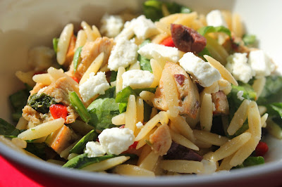 Orzo salad with chicken sausage, spinach, and feta