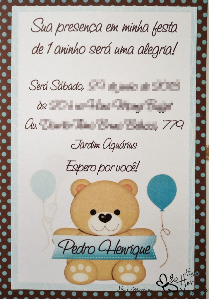convite artesanal aniversário infantil ursinho poá marrom azul turquesa bebê 1 aninho