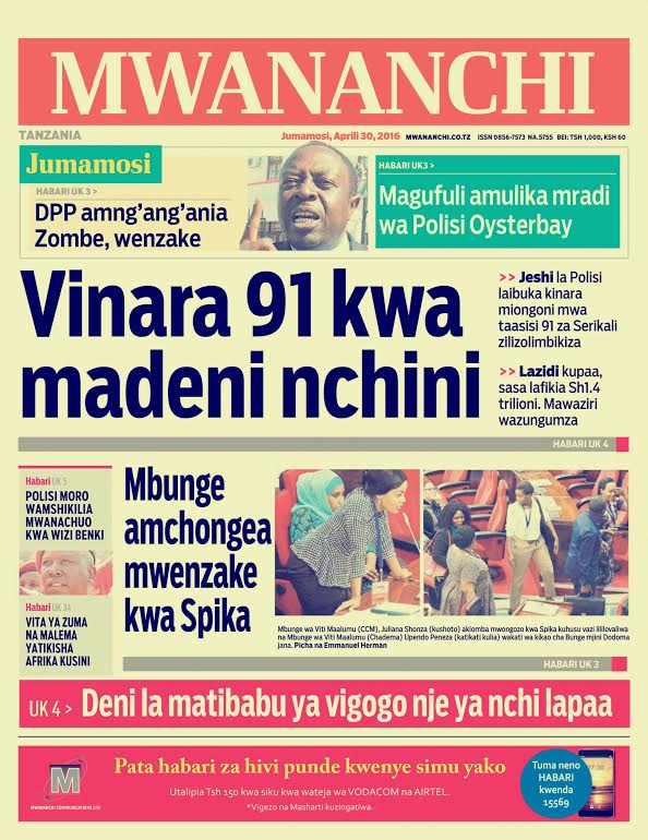 SOMA Habari Zilizopo Katika Magazeti ya Leo Jumamosi ya April 30, Ikiwemo ya Magufuli Amvaa Lugumi