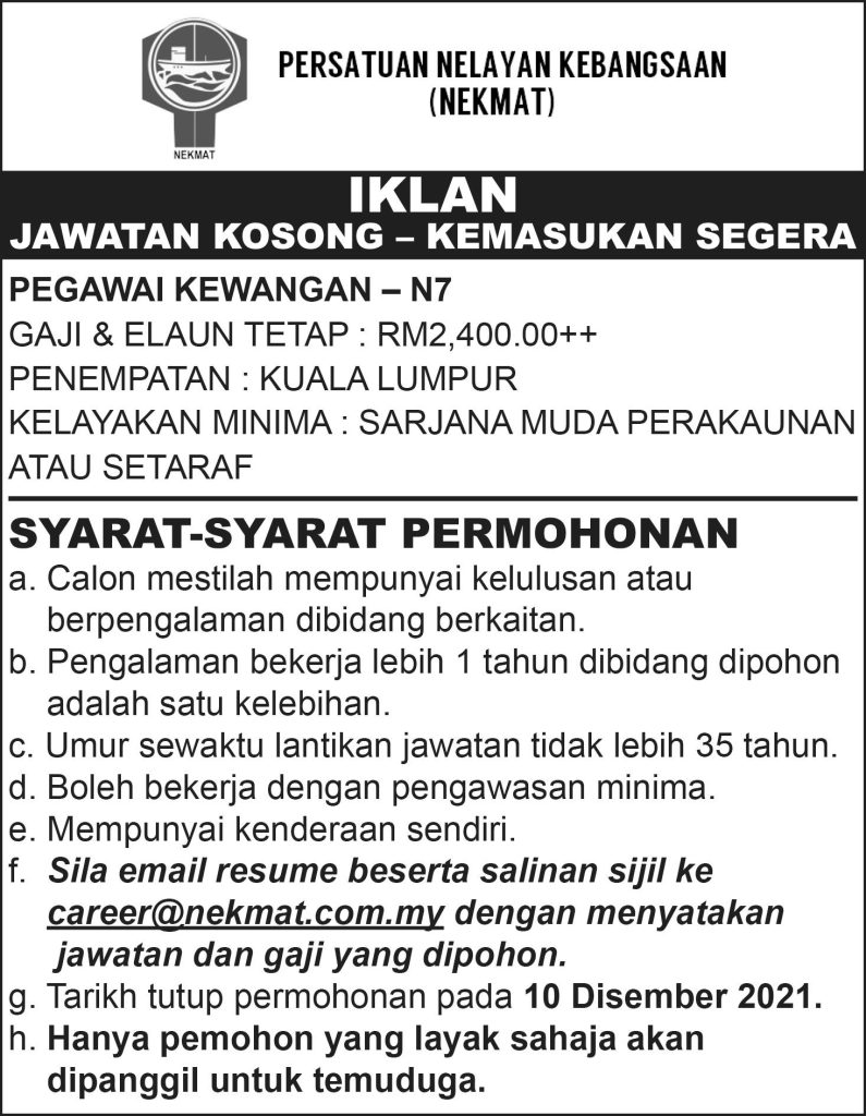 Jawatan Kosong di Persatuan Nelayan Kebangsaan (NEKMAT) 10 Disember