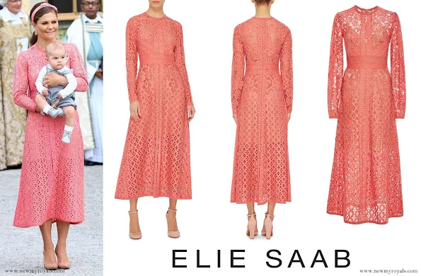 Crown Princess Victoria wore ELIE SAAB Guipure Lace Dress, Gianvito Rossi, Pumps, Kreuger Jewellery earrings, for Christening of Prince Alexander