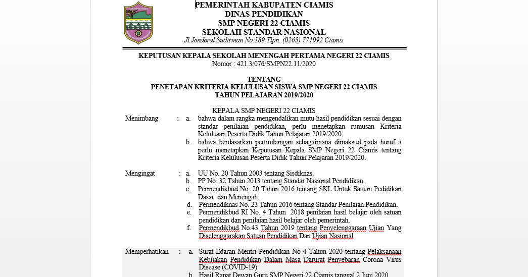 Contoh SK Kriteria Kelulusan Selama Masa Tanggap Darurat