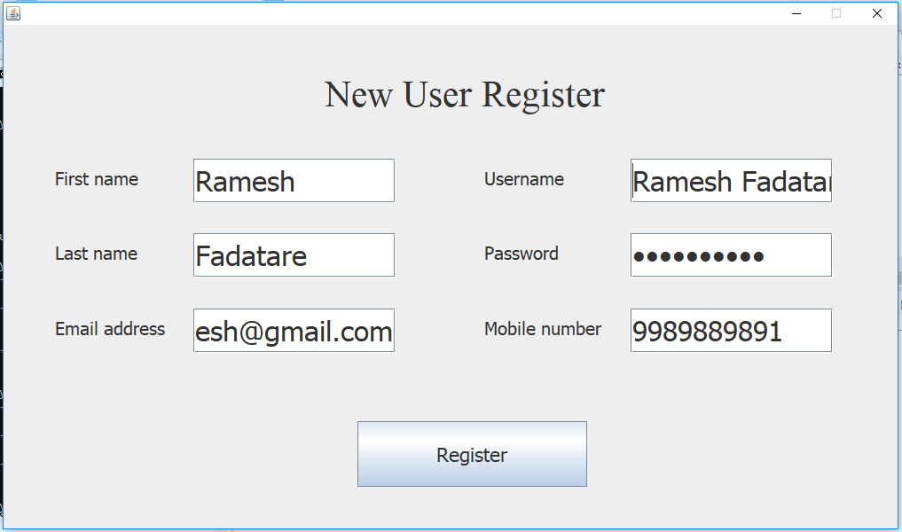 Registration Form using Java Swing + JDBC + MySQL Example Tutorial