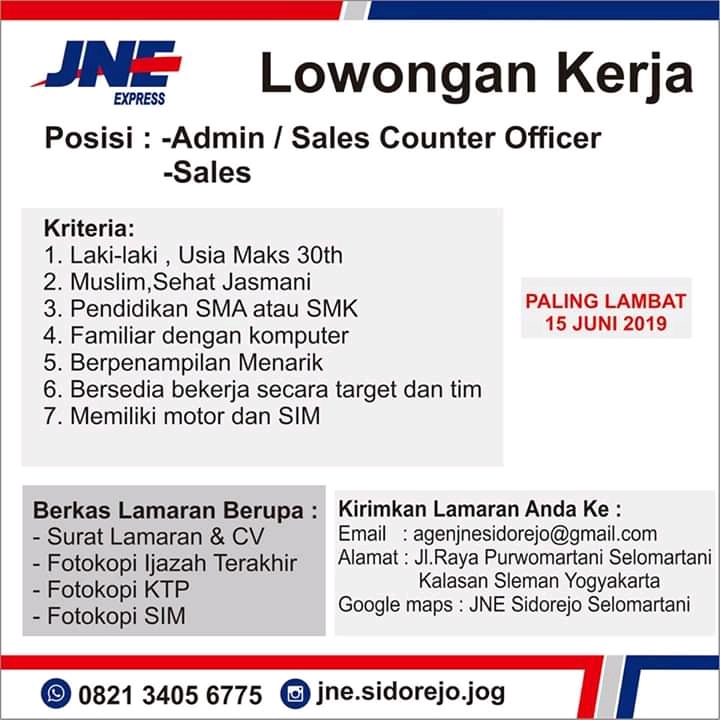 Lowongan Kerja Jne Sidorejo Juni 2019 Admin Dan Sales Yogyakarta Loker Swasta