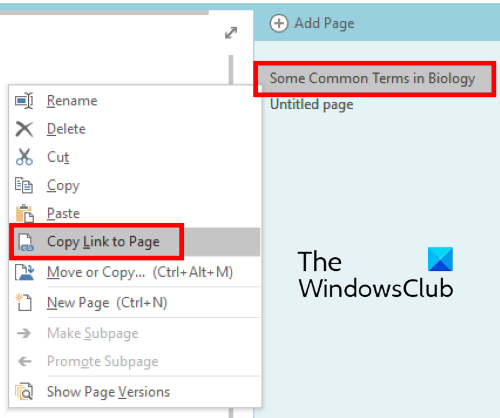 คัดลอกลิงค์ไปยังหน้า onenote