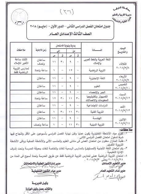 جدول امتحانات الترم الثاني 2018 محافظة المنوفية