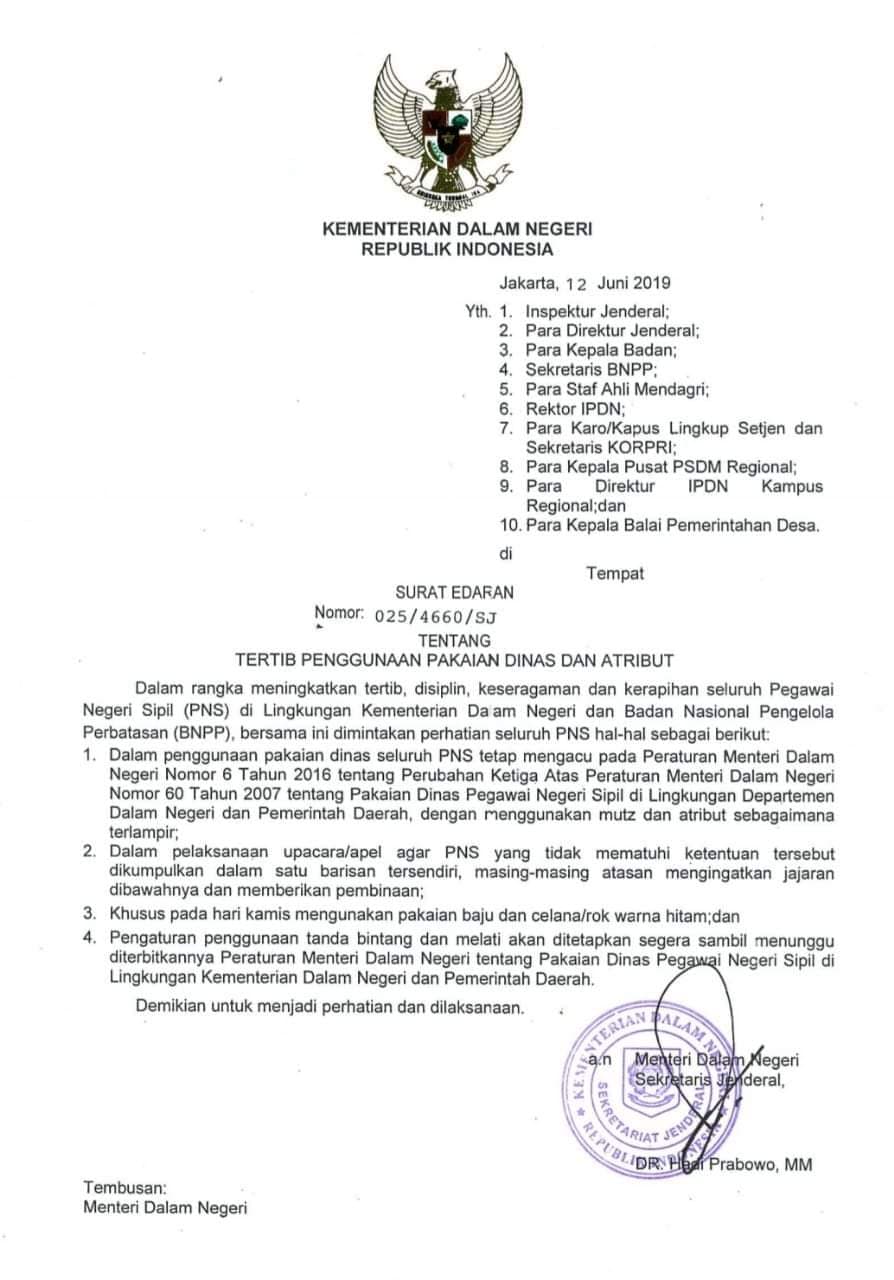 Isi Surat Edaran Kemendagri Tentang Seragam Dinas Pns Khusus Hari Kamis Serba Hitam Info Dikdas